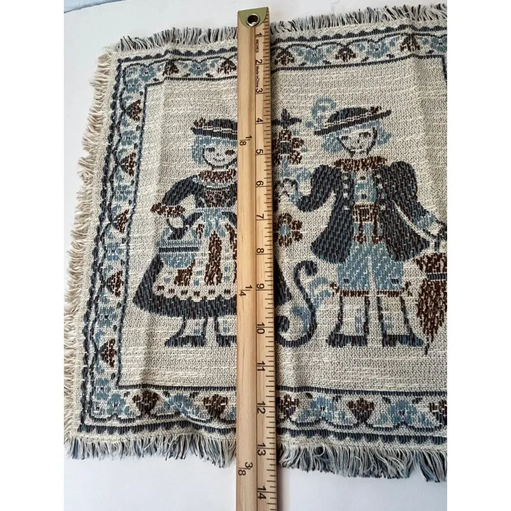 Vtg Kolf Blue Woven Tapestry Square Mats Austrian Boy Girl Linen Blend Set of 3